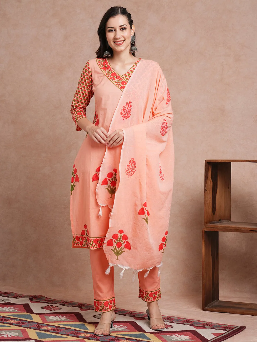 Ethnic Floral Printed Straight Fit Kurta with Pant and Dupatta - Peach