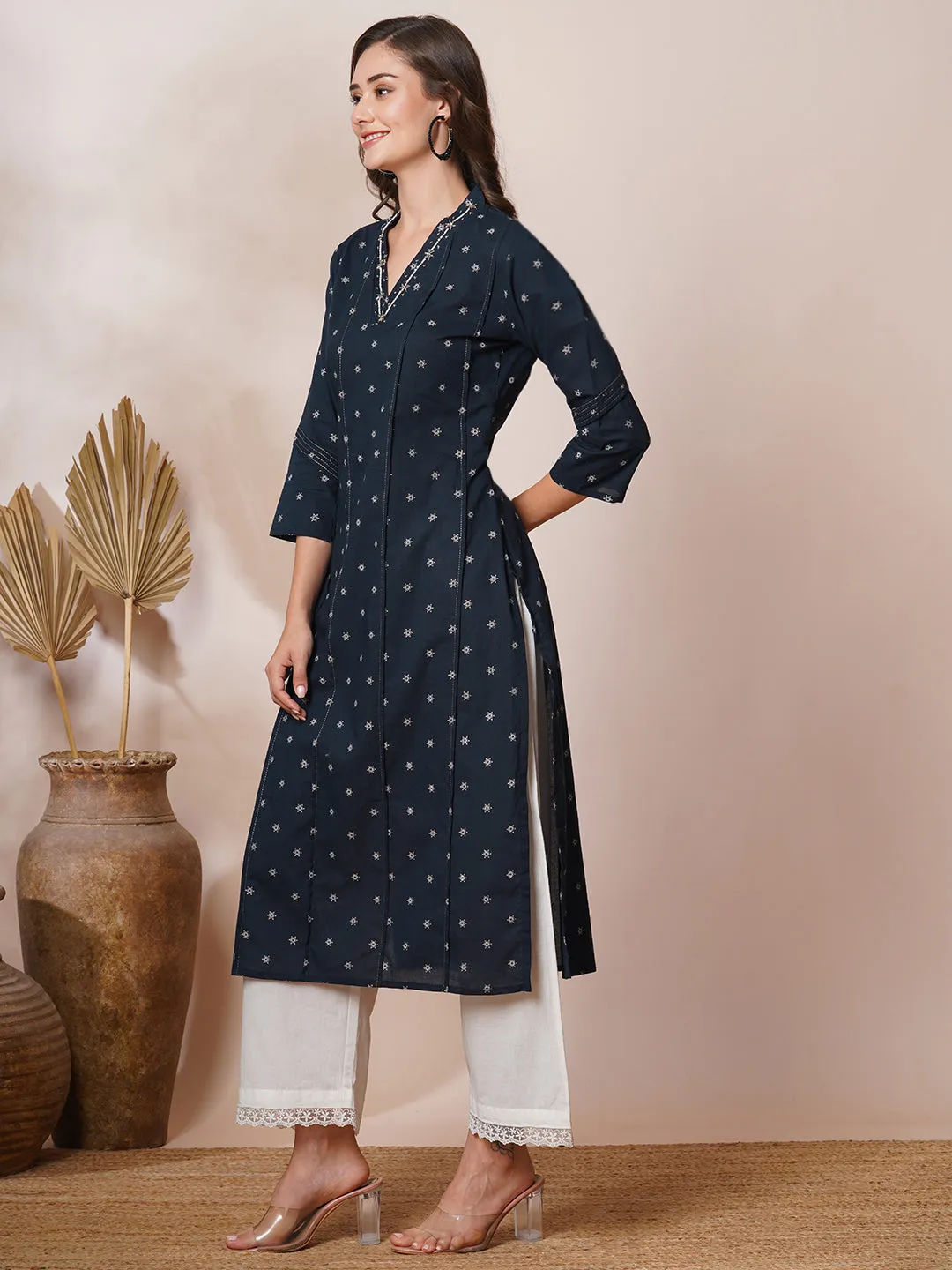 Ethnic Foil Printed & Embroidered Straight Fit Kurta - Navy Blue