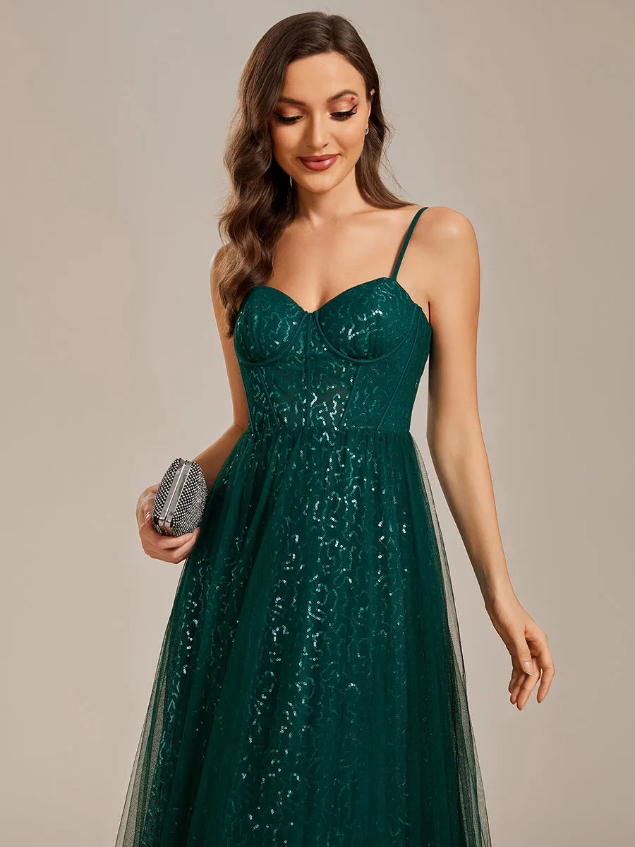 Exquisite   Empire Waist Sequin Shiny A-Line Floor Length Sweetheart Neckline Spaghetti Straps Wholesale Evening Dress