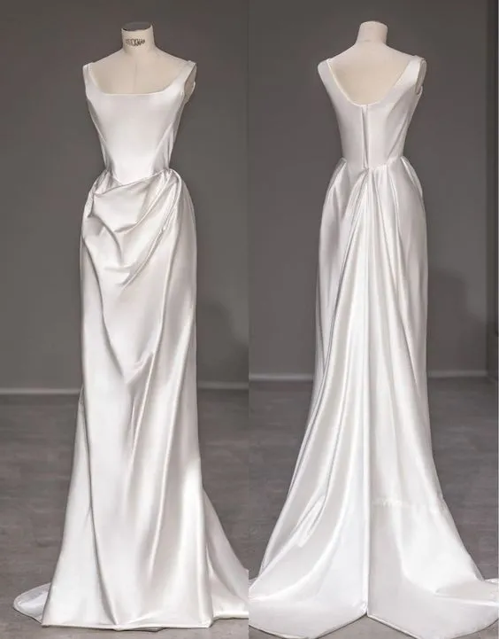 Fashion Mermaid Straps Long Prom Dress White Satin Wedding Dress SH1287