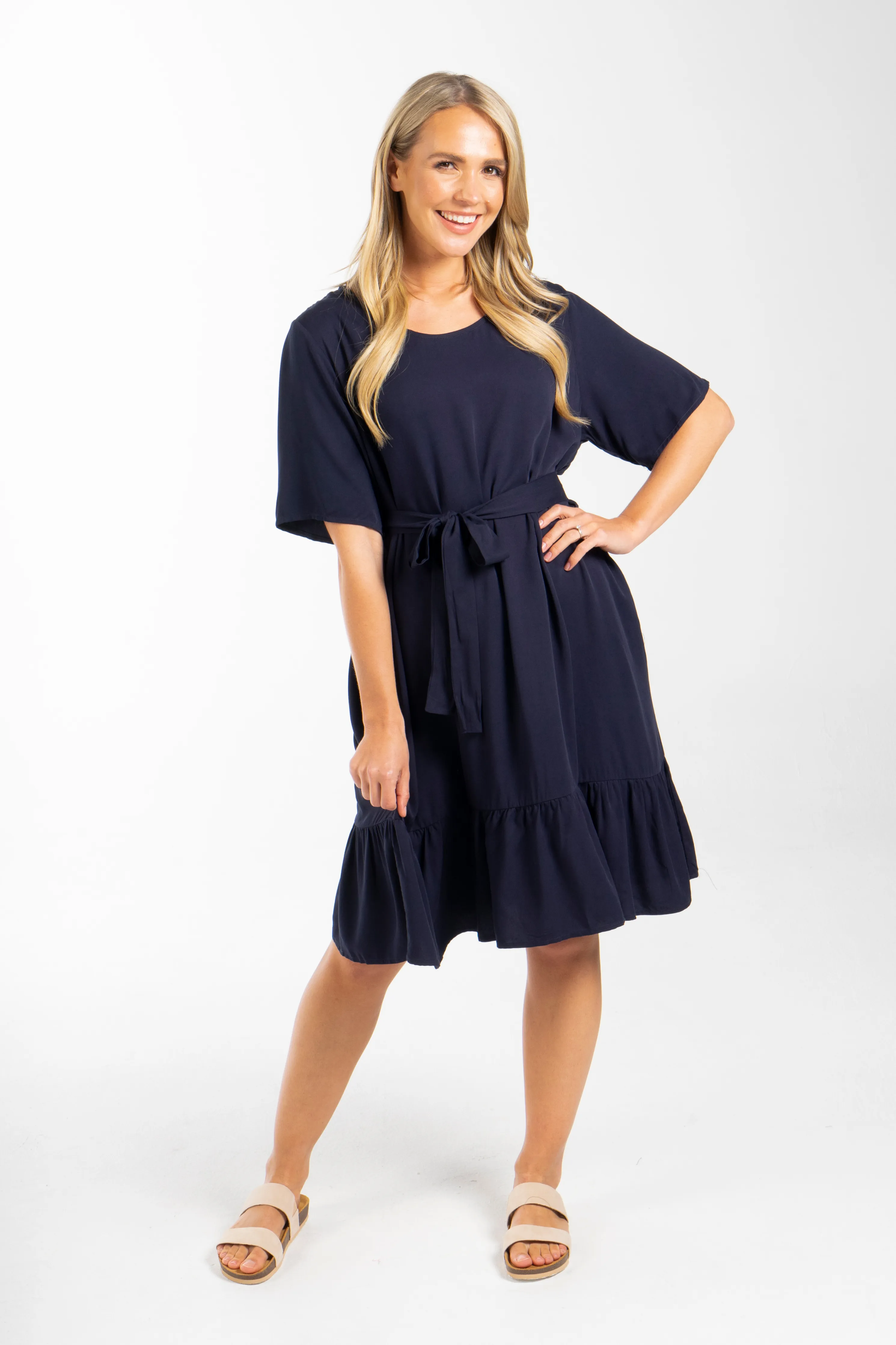 FINAL SALE Short Sleeve Flare Dress in Navy