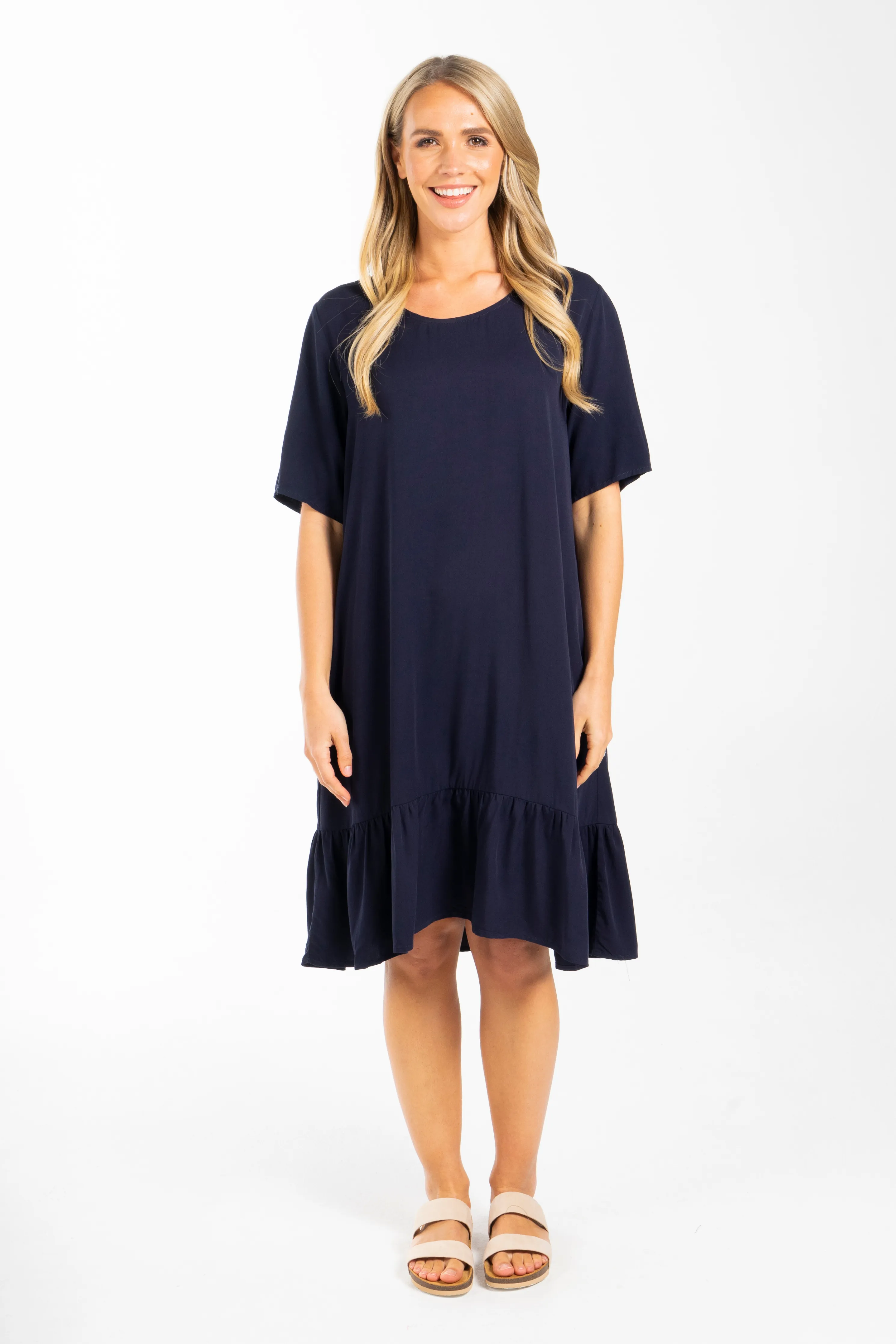 FINAL SALE Short Sleeve Flare Dress in Navy