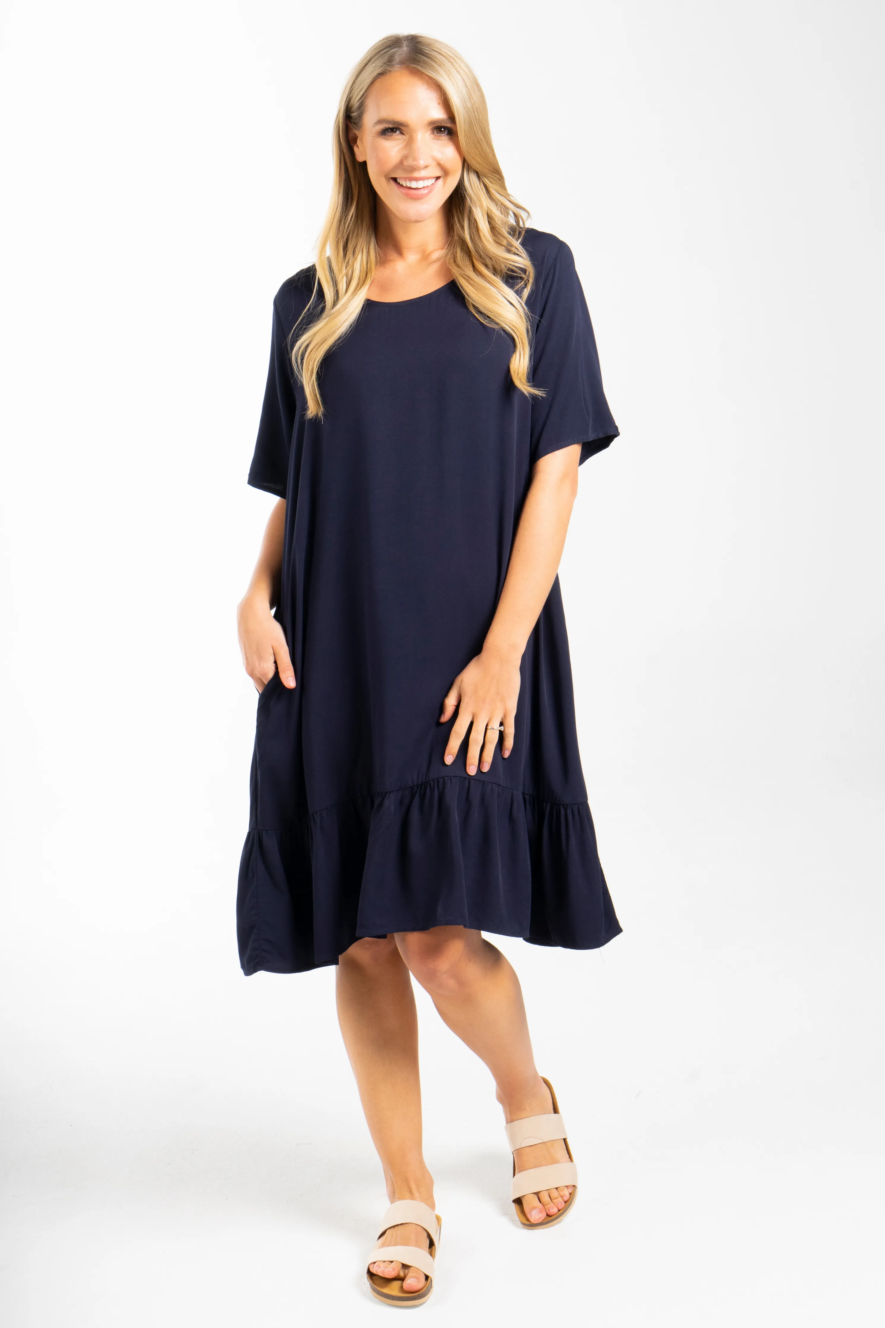 FINAL SALE Short Sleeve Flare Dress in Navy