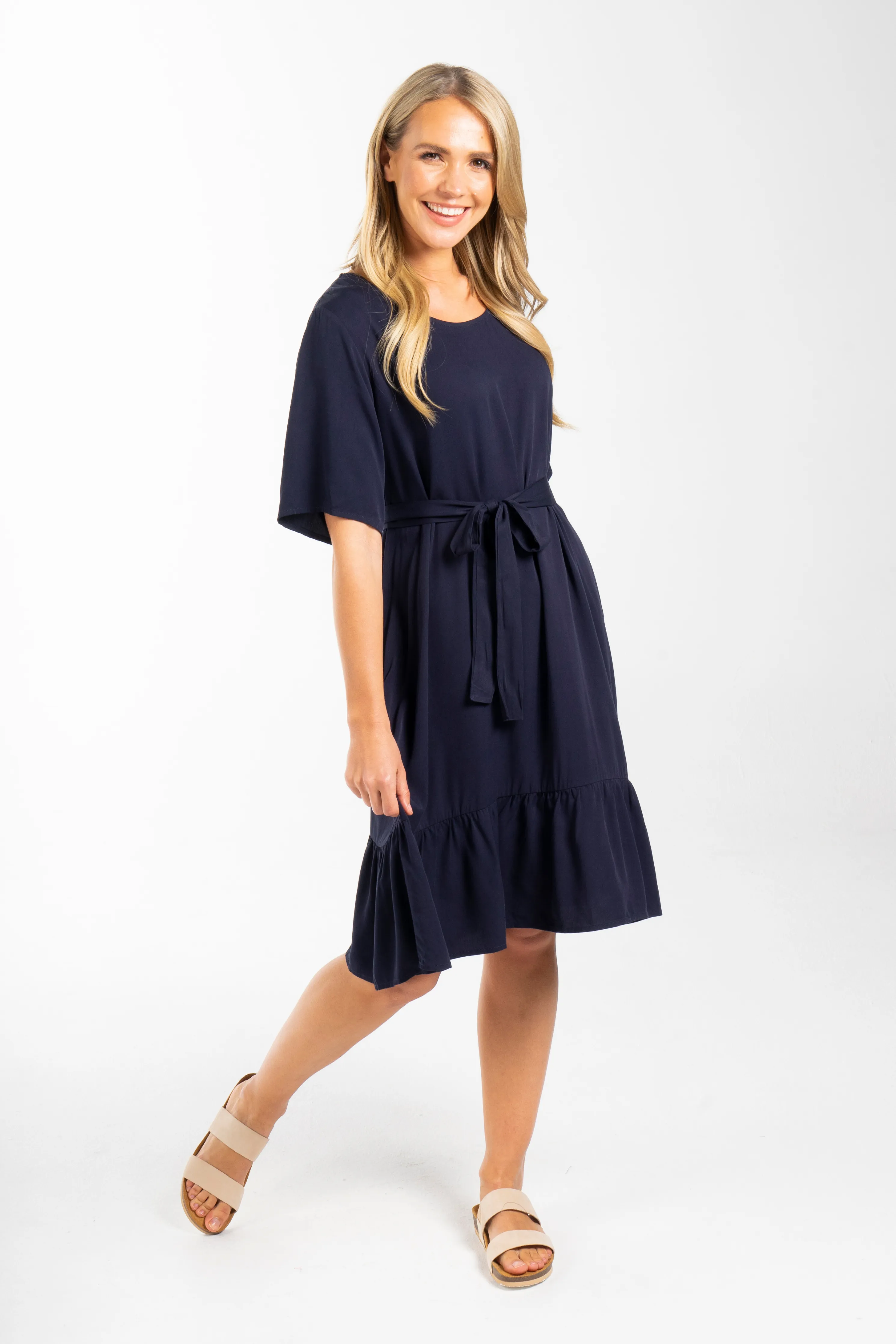 FINAL SALE Short Sleeve Flare Dress in Navy