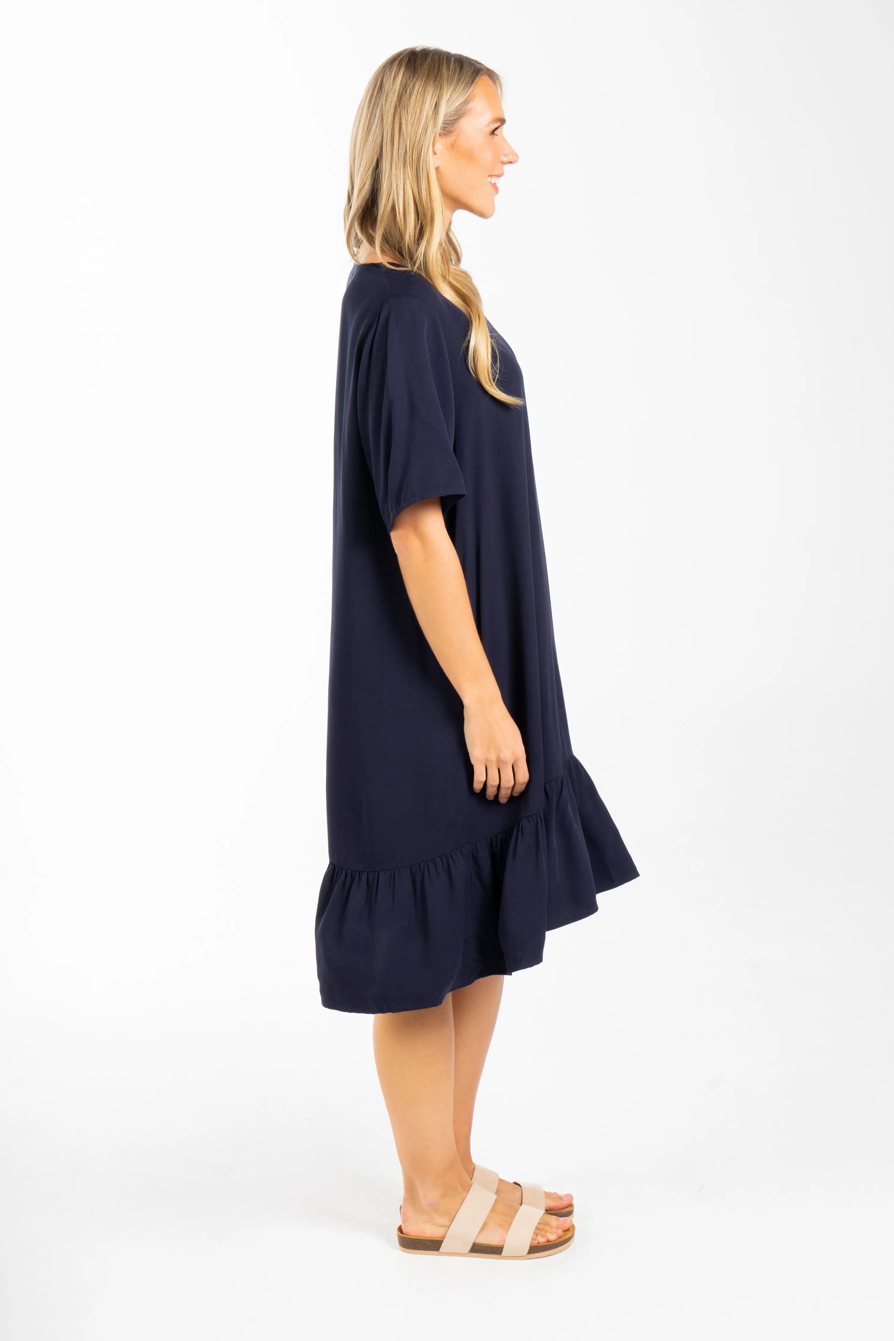 FINAL SALE Short Sleeve Flare Dress in Navy