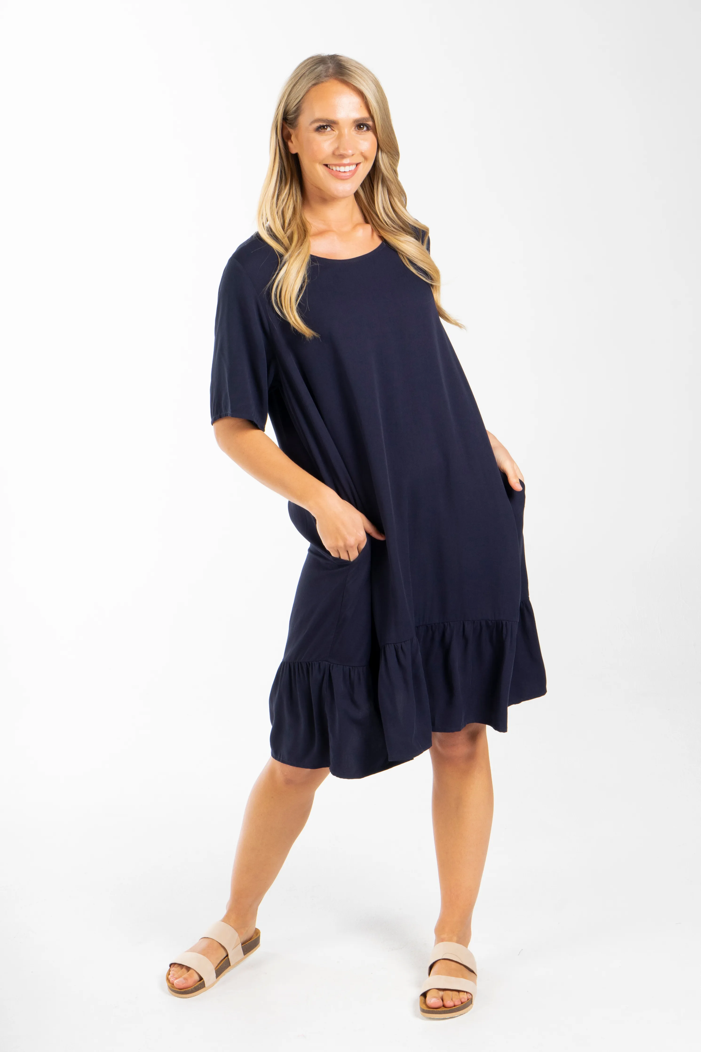 FINAL SALE Short Sleeve Flare Dress in Navy