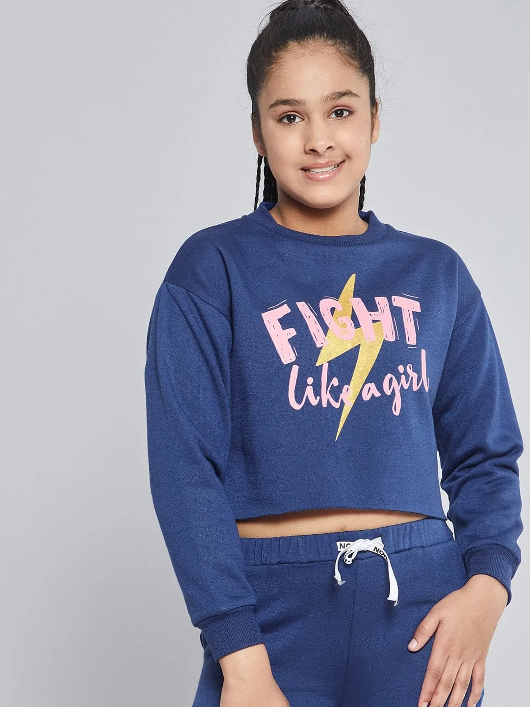 Girls Blue Fleece FIGHT Crop Sweatshirt