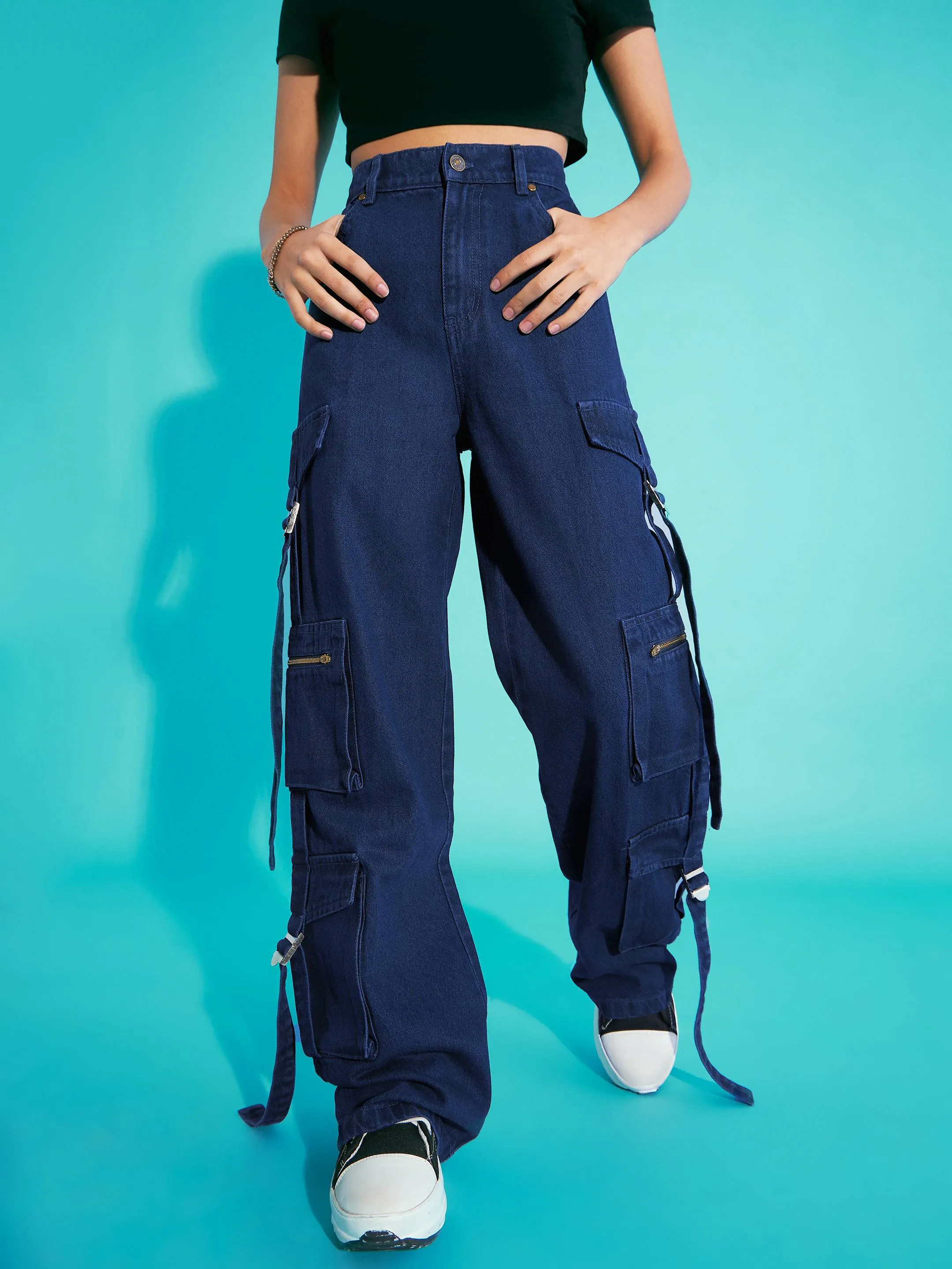 Girls Navy Blue Acid Wash Side Tape Cargo Jeans