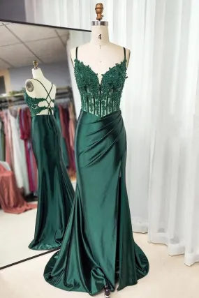 Green Mermaid Appliques Spaghetti Straps Ruched Prom Dress With Slit  SH856