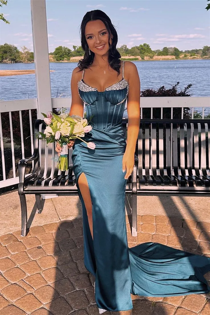 Ink-blue Sweetheart Beaded Mermaid Slit Long Evening Dress Prom Dress SH980