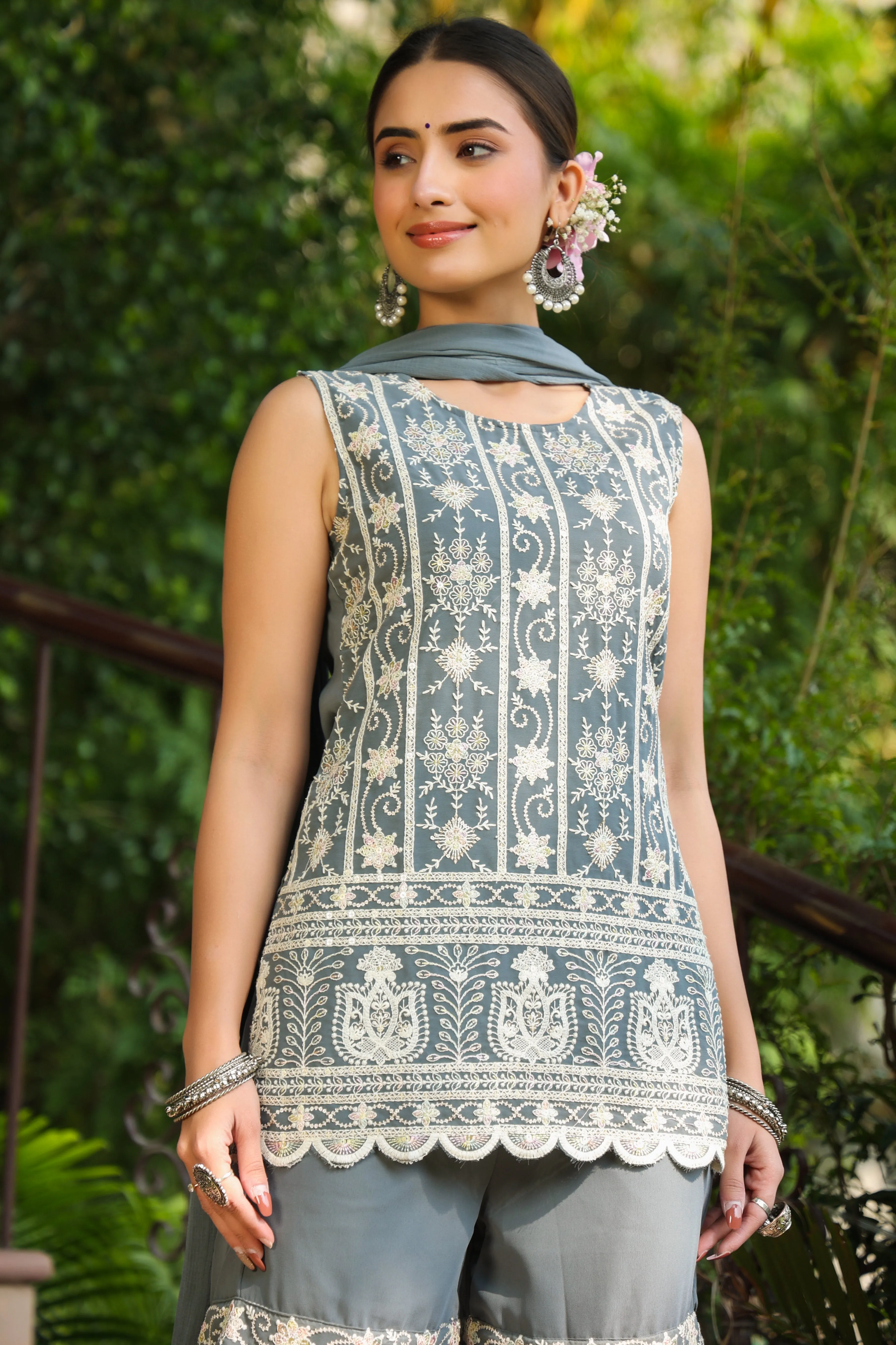 Juniper Grey Ethnic Motif Printed Georgette Kurta Sharara & Dupatta Set With Thread Work Embroidery