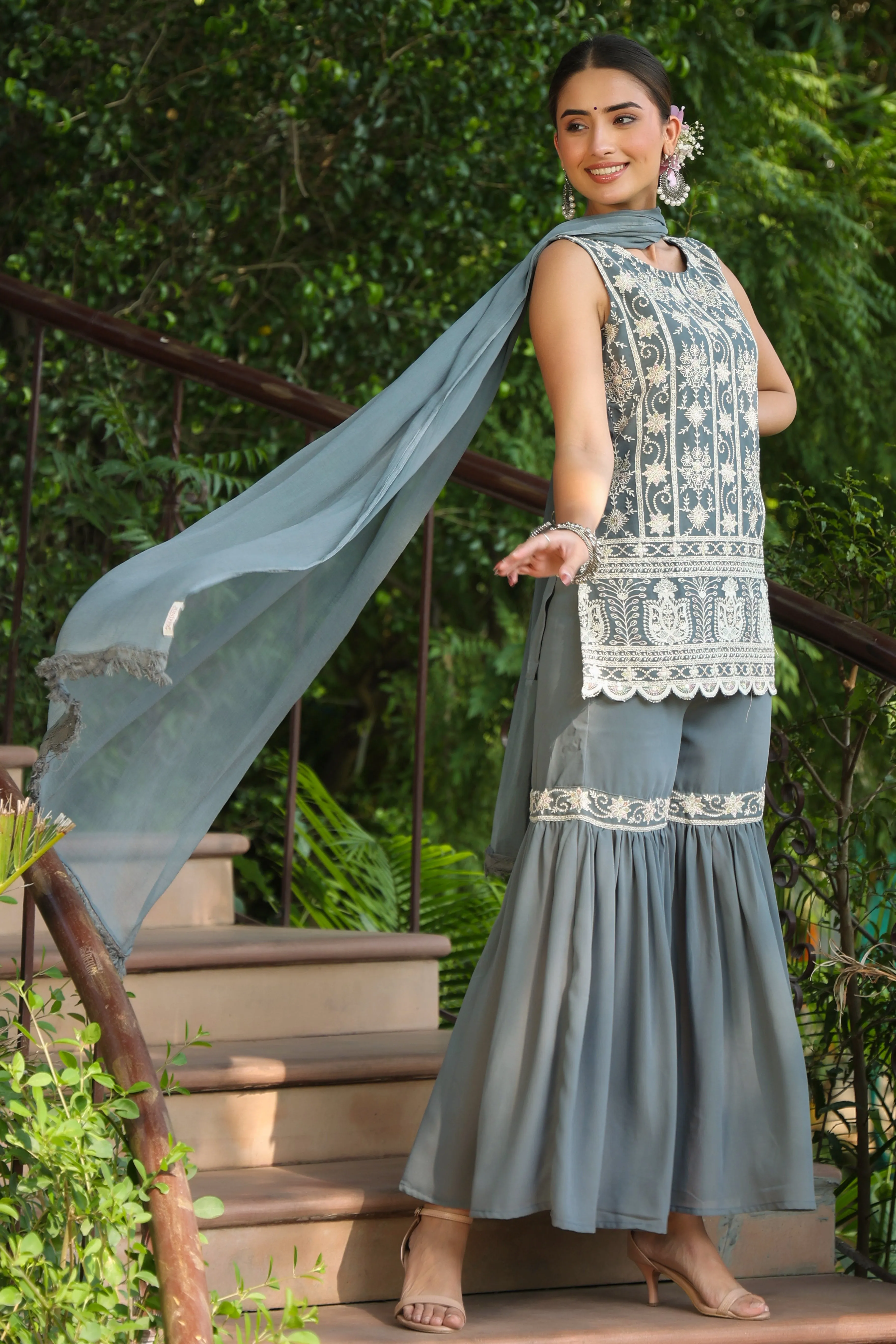 Juniper Grey Ethnic Motif Printed Georgette Kurta Sharara & Dupatta Set With Thread Work Embroidery