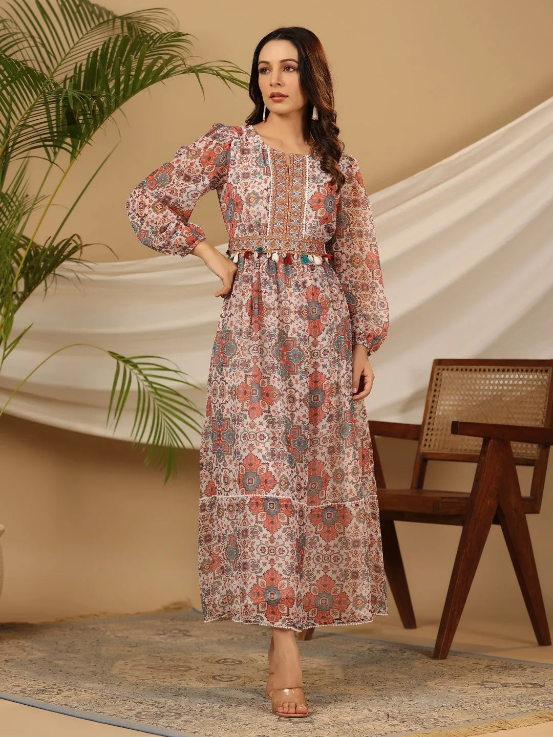 Juniper Multi-Colour Ethnic Motif Printed Chiffon Maxi Dress With Mirror Work