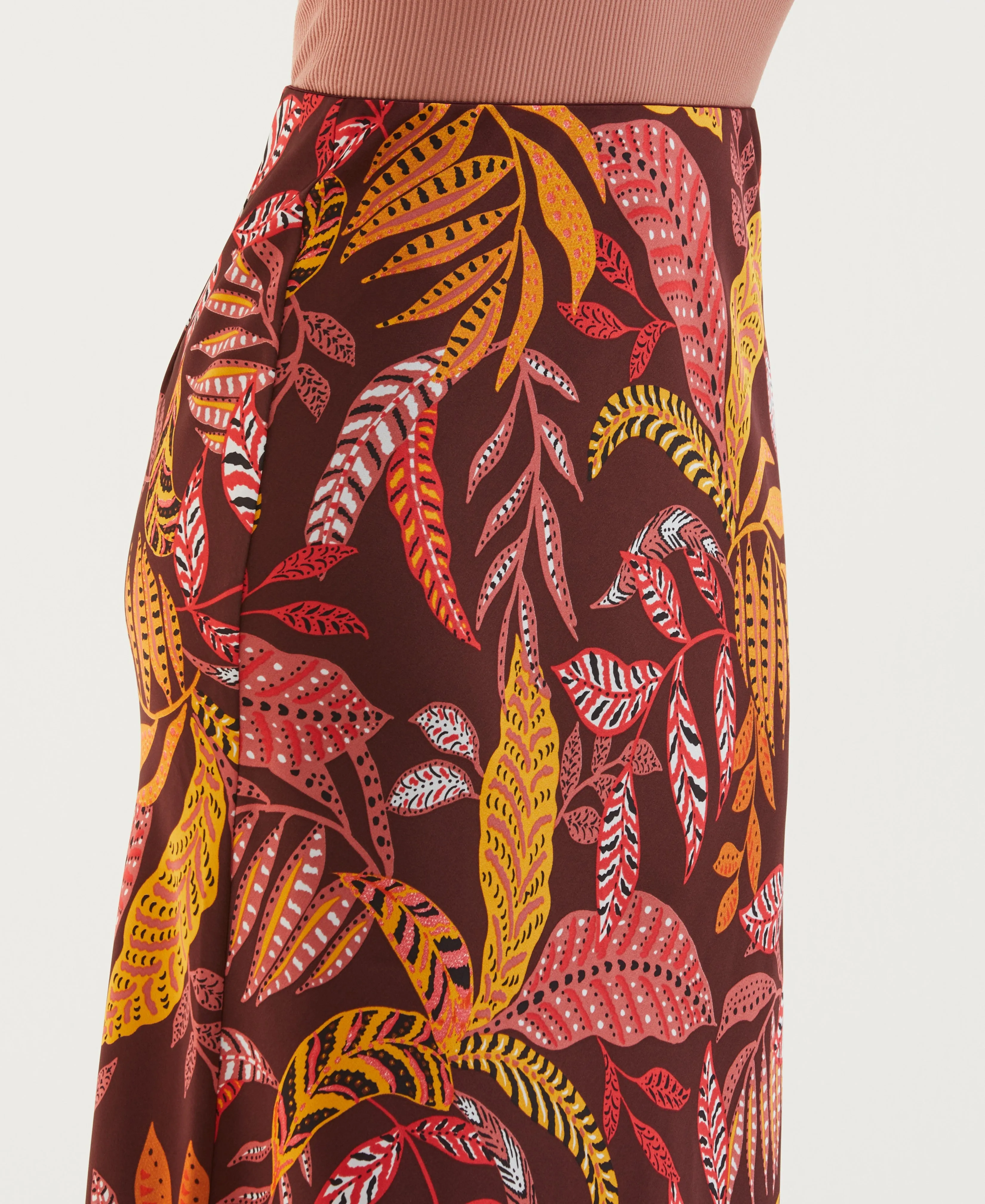 Leaf Print Shine Midi Bias Skirt