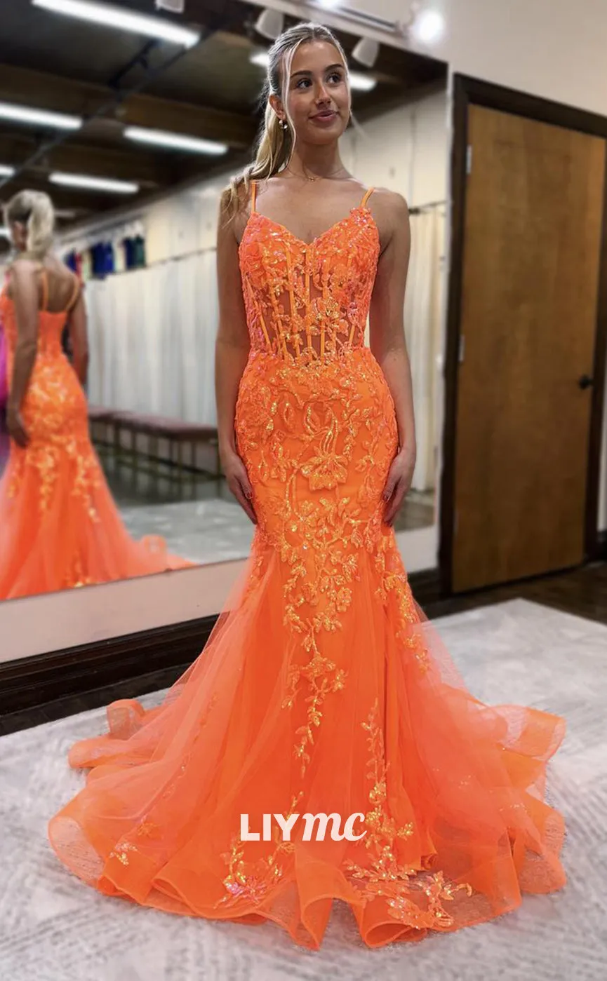 LP1027 - Spaghetti Straps Sequins Appliques Mermaid Long Formal Prom Dress