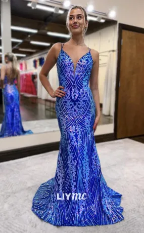 LP1037 - Plunging V Neck Sequins Lace Mermaid Prom Party Dress