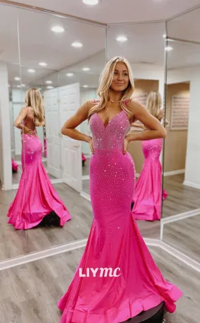 LP1070 - Sexy V Neck Beads Pink Mermaid Long Formal Prom Dress