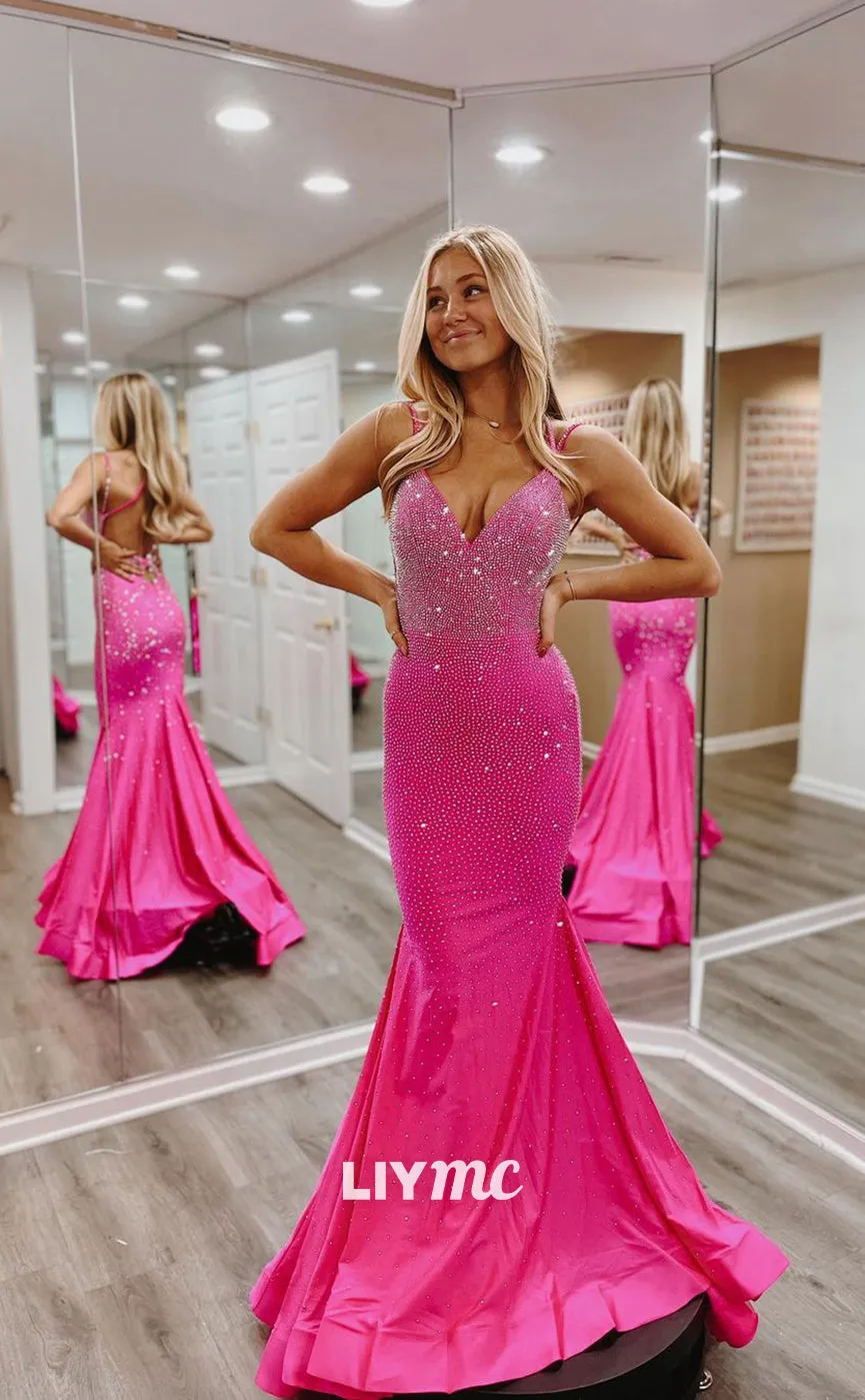 LP1070 - Sexy V Neck Beads Pink Mermaid Long Formal Prom Dress