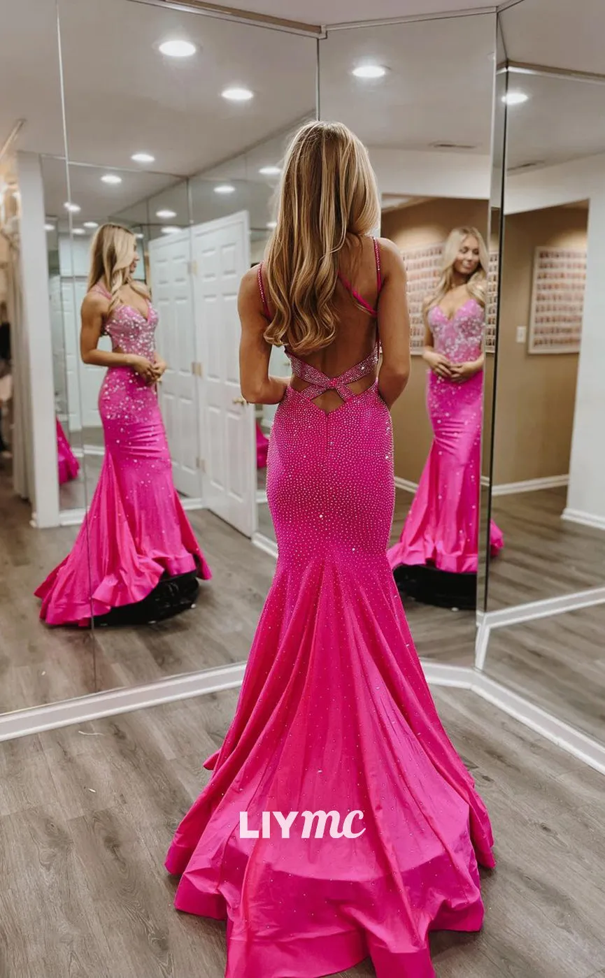 LP1070 - Sexy V Neck Beads Pink Mermaid Long Formal Prom Dress