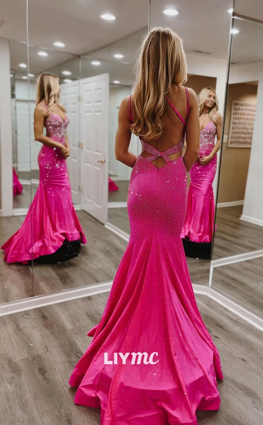 LP1070 - Sexy V Neck Beads Pink Mermaid Long Formal Prom Dress