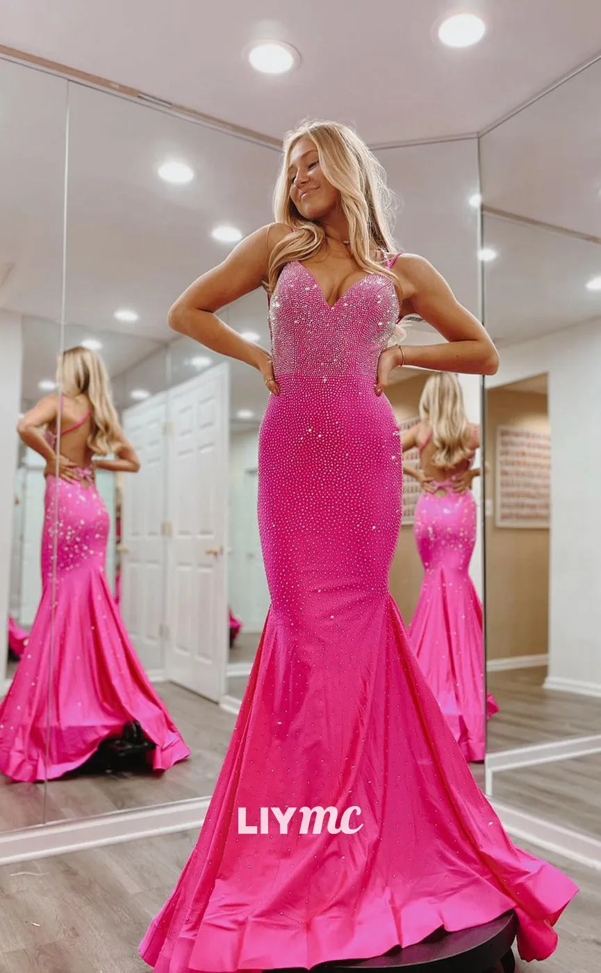 LP1070 - Sexy V Neck Beads Pink Mermaid Long Formal Prom Dress