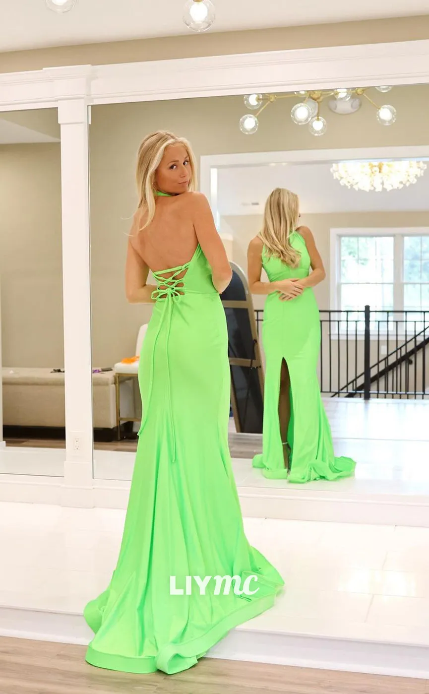 LP1133 - Sexy V Neck Halter Draped Long Mermaid Formal Prom Dress with Slit