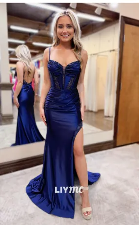 LP1235 - Sweetheart Trumpet/Mermaid Ruffles Satin Formal Prom Dress with Side Slit