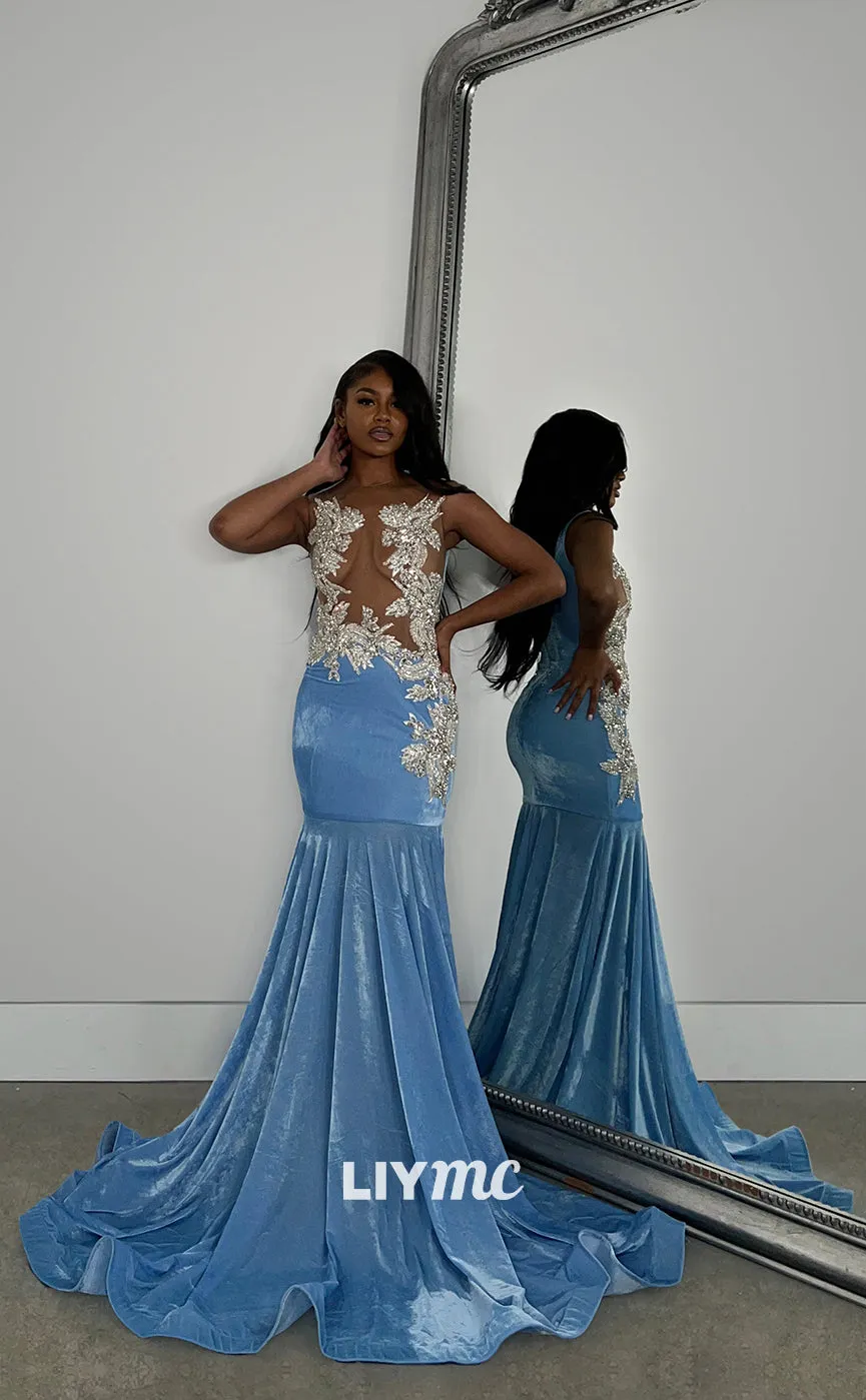 LP1269 - V-Neck Appliques Sheer Mermaid Prom Dresses for Black Girls Classy