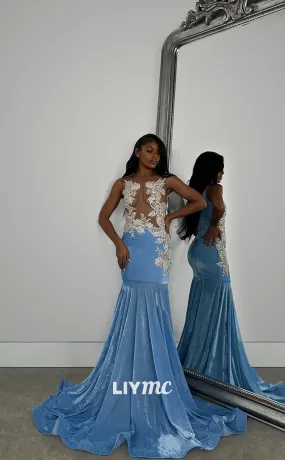 LP1269 - V-Neck Appliques Sheer Mermaid Prom Dresses for Black Girls Classy