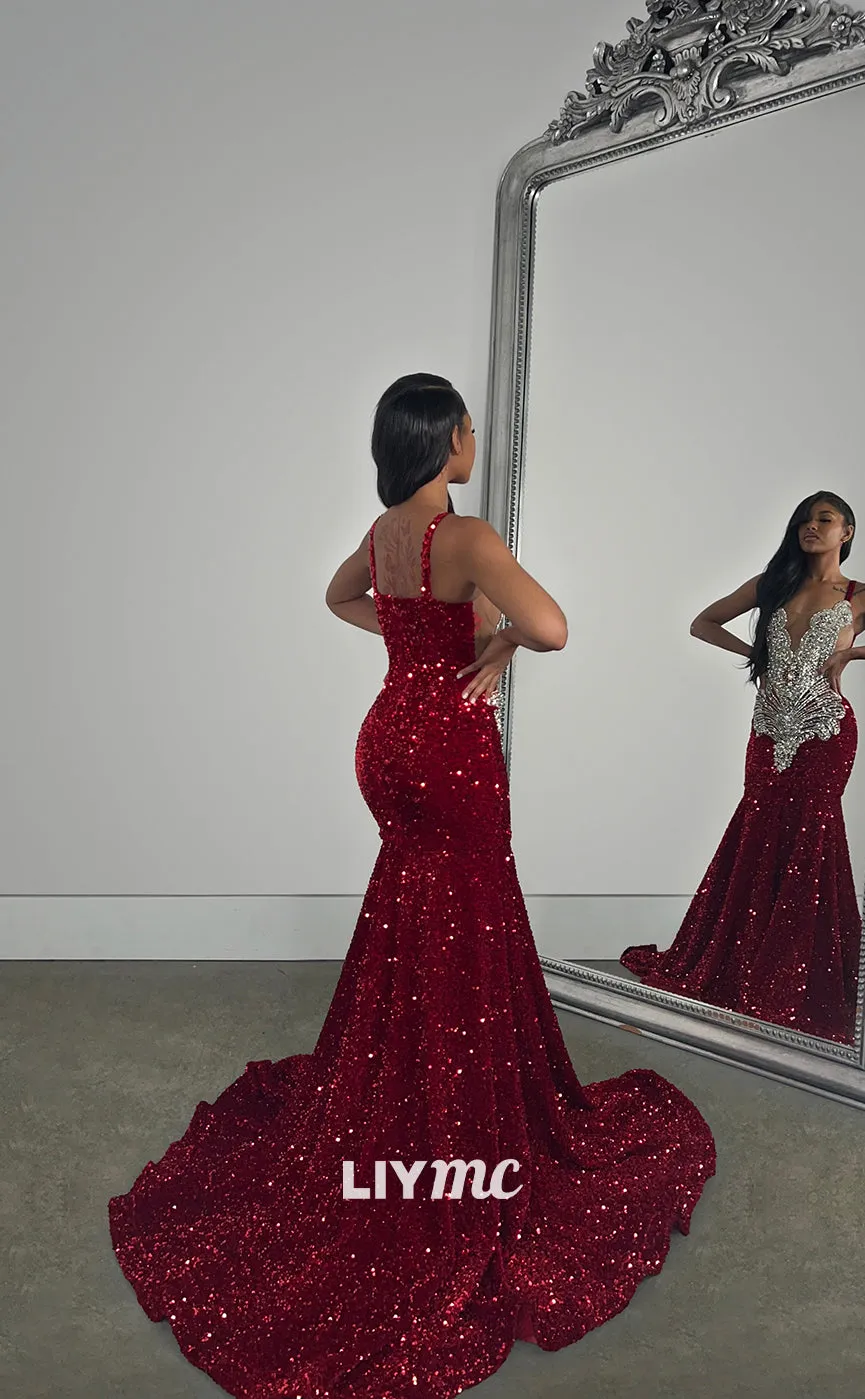 LP1270 - V-Neck Sparkly Sequins Appliques Mermaid Prom Dresses for Black Girls Classy