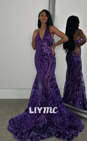 LP1273 - Halter V-Neck Sparkly Sequins Mermaid Sexy Prom Dresses for Black Girls Classy