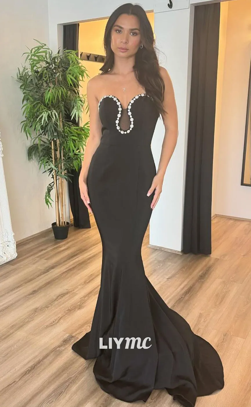 LP1301 - Black Strapless Off-Shoulder Bodiced Mermaid Prom Dress