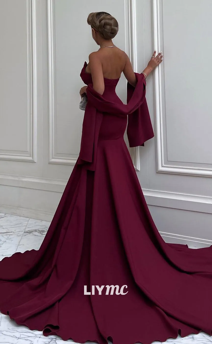 LP1366 - Off-Shoulder Sleeveless Sleek Ruched Satin Mermaid Prom Dress