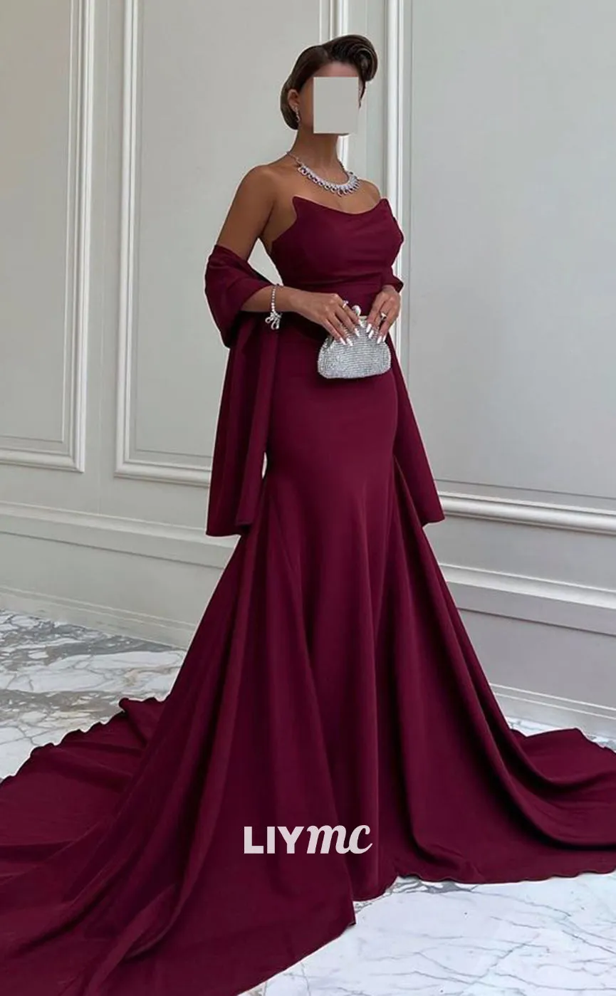 LP1366 - Off-Shoulder Sleeveless Sleek Ruched Satin Mermaid Prom Dress