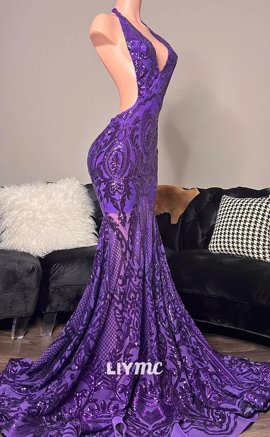 LP1424 - Halter V-Neck Appliques Backless Mermaid Prom Dress for Black Girls Slay