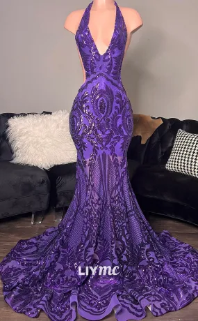 LP1424 - Halter V-Neck Appliques Backless Mermaid Prom Dress for Black Girls Slay