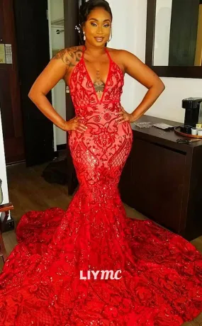 LP1431 - Halter V-Neck Open Back Appliques Mermaid Prom Dress for Black Girls Slay