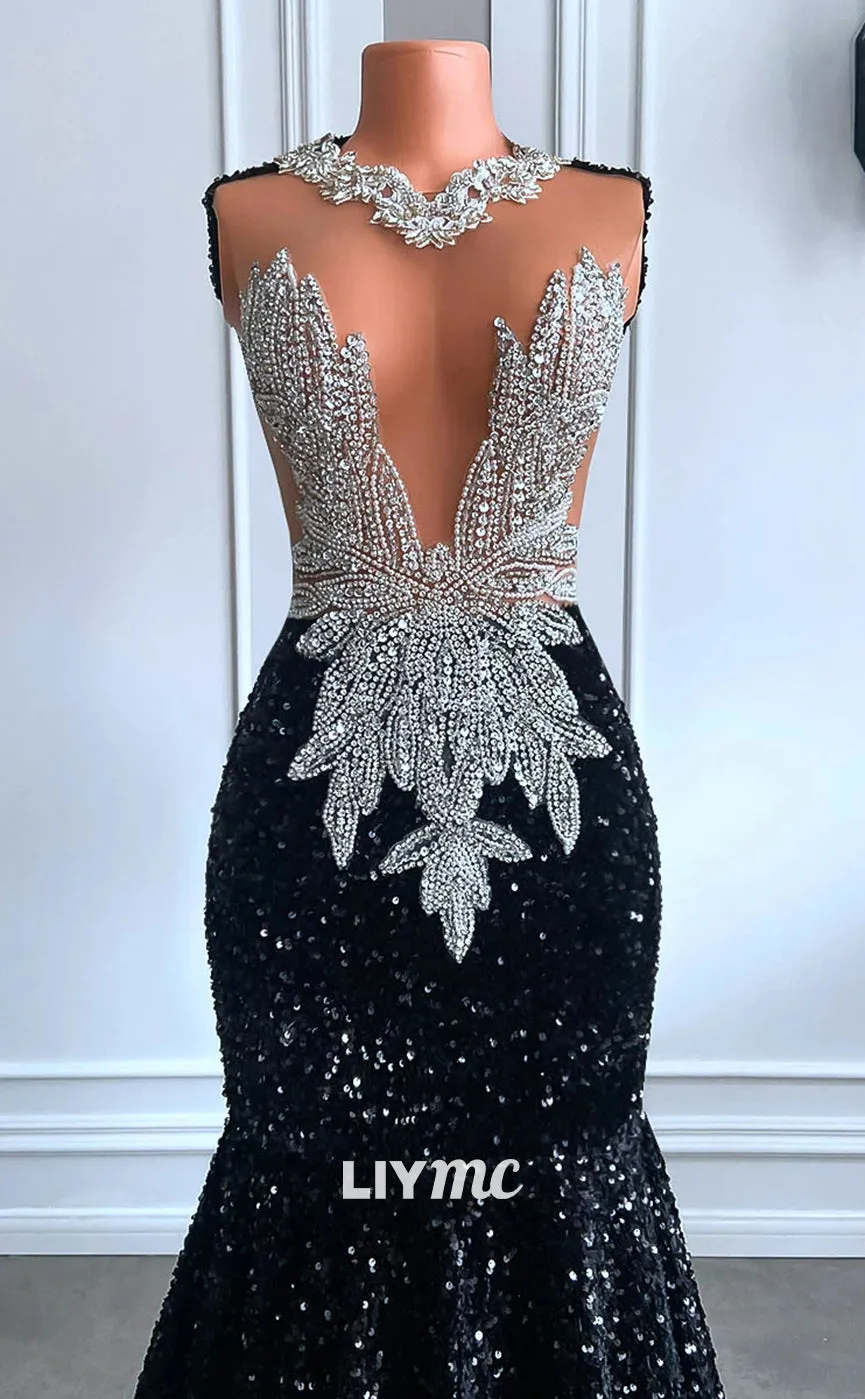 LP1432 - V-Neck Sleeveless Beaded Sequins Sexy Mermaid Prom Dress for Black Girls Slay