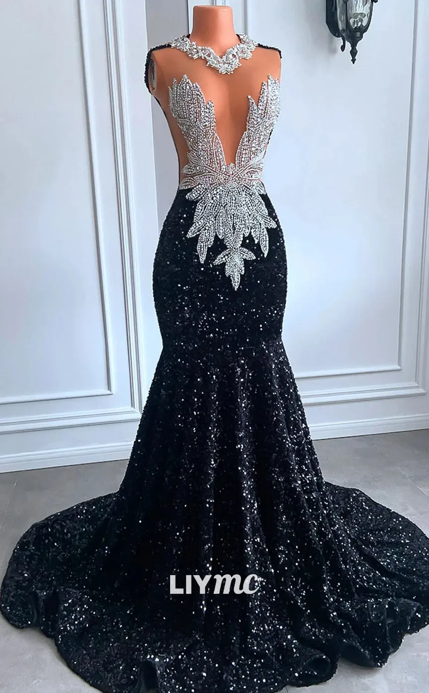 LP1432 - V-Neck Sleeveless Beaded Sequins Sexy Mermaid Prom Dress for Black Girls Slay