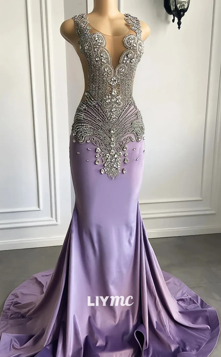 LP1433 - Dramatic V-Neck Sleeveless Crystal Beaded Sparkly Mermaid Prom Dress for Black Girls Slay