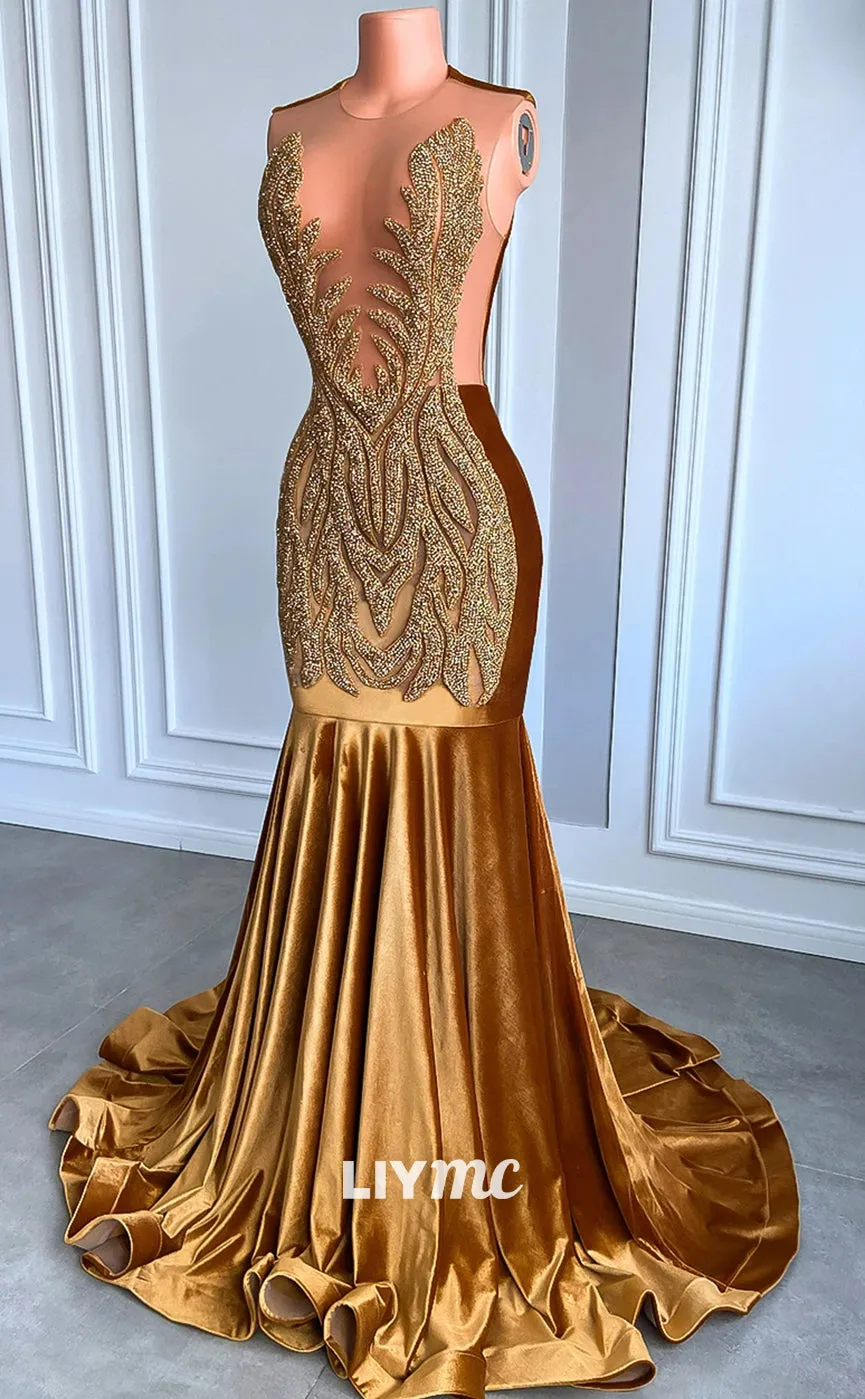 LP1442 - Sexy Low V-Neck Sleeveless Beaded Pleated Mermaid Prom Dress for Black Girl Slay