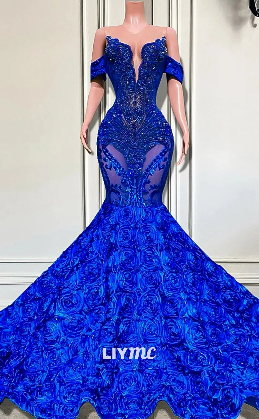 LP1445 - Off-Shoulder Appliques Beaded Folral Mermaid Prom Dress for Black Girls Slay