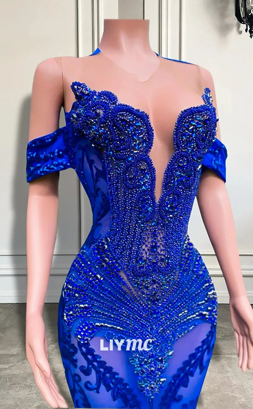 LP1445 - Off-Shoulder Appliques Beaded Folral Mermaid Prom Dress for Black Girls Slay