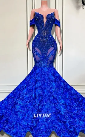 LP1445 - Off-Shoulder Appliques Beaded Folral Mermaid Prom Dress for Black Girls Slay