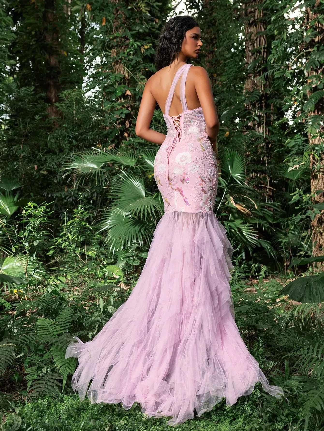 Luxury One Shoulder Tulle Overlay Mermaid Hem Floral Sequin Prom Dress