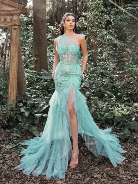 Luxury One Shoulder Tulle Overlay Mermaid Hem Floral Sequin Prom Dress