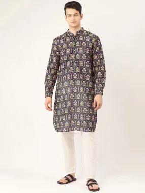 Men Navy Blue & Green Printed Straight Kurta