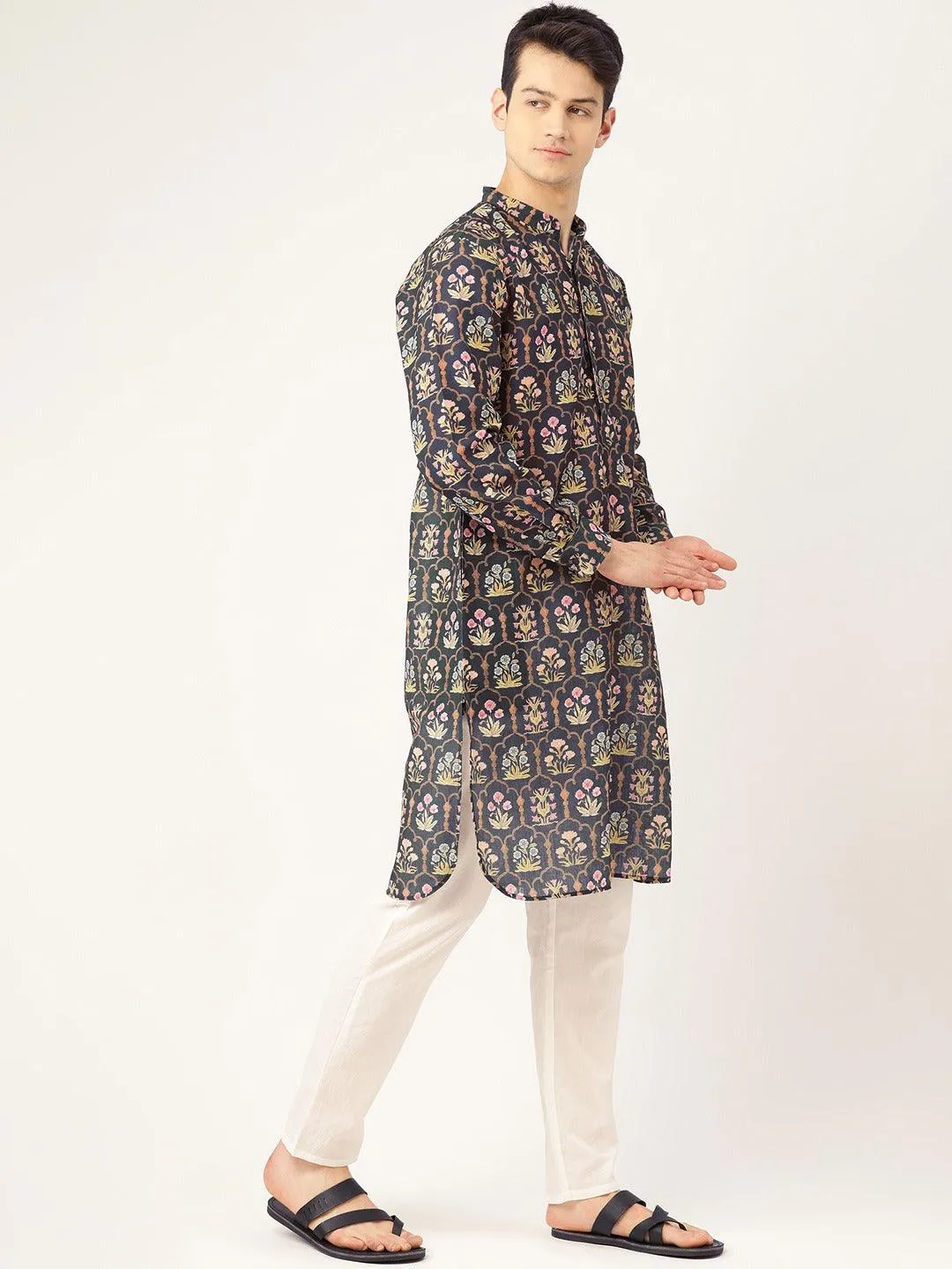 Men Navy Blue & Green Printed Straight Kurta