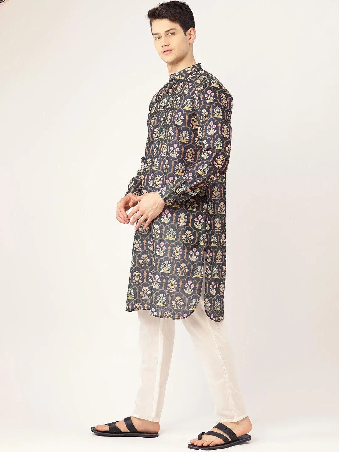 Men Navy Blue & Green Printed Straight Kurta