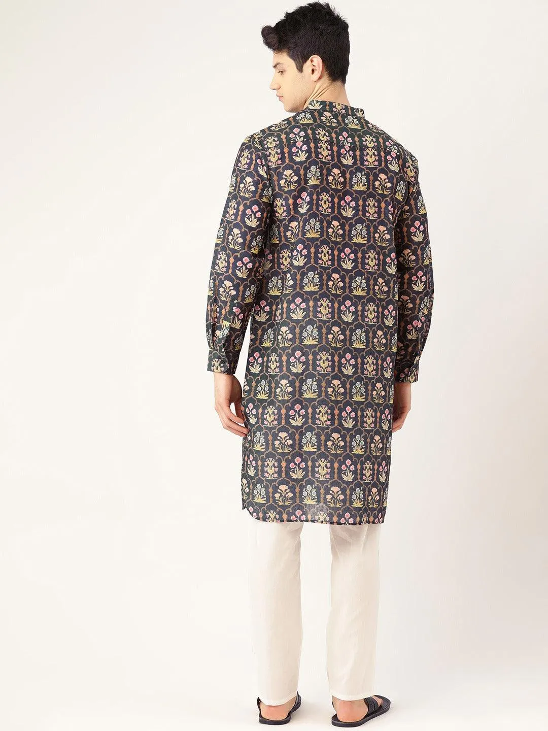 Men Navy Blue & Green Printed Straight Kurta